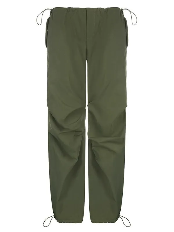 Green oversize parachute cargo pants with drawstring