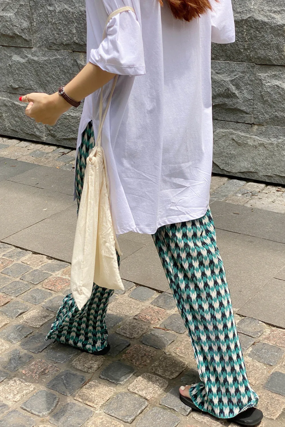 Green Trendy Plaid Wide Leg Loose Pants