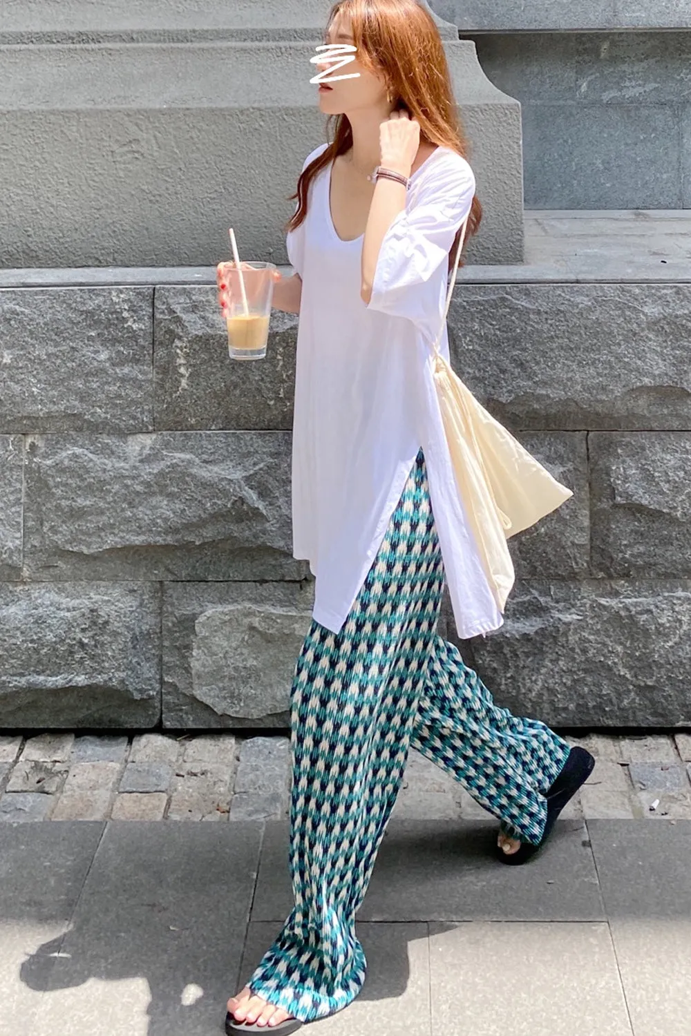 Green Trendy Plaid Wide Leg Loose Pants