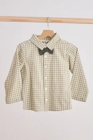Green Woven Gingham Bow Flannel Button Down Shirt