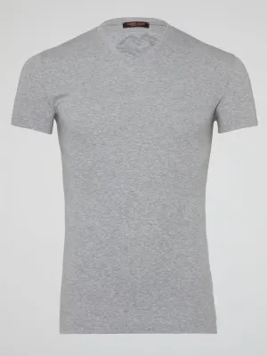 Grey Logo Print V-Neck T-Shirt