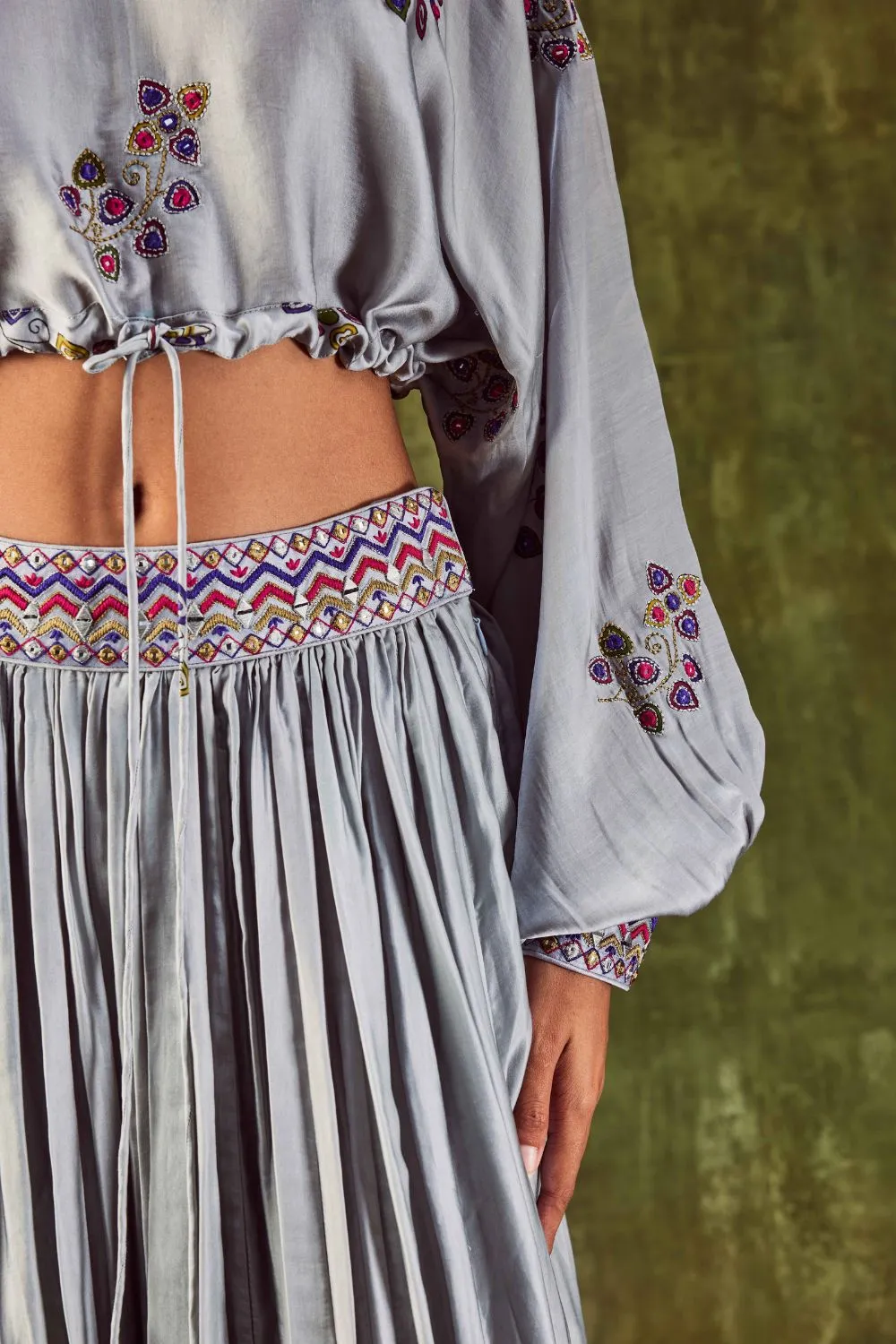 Grey Satin Silk Loose Top With Crush Skirt