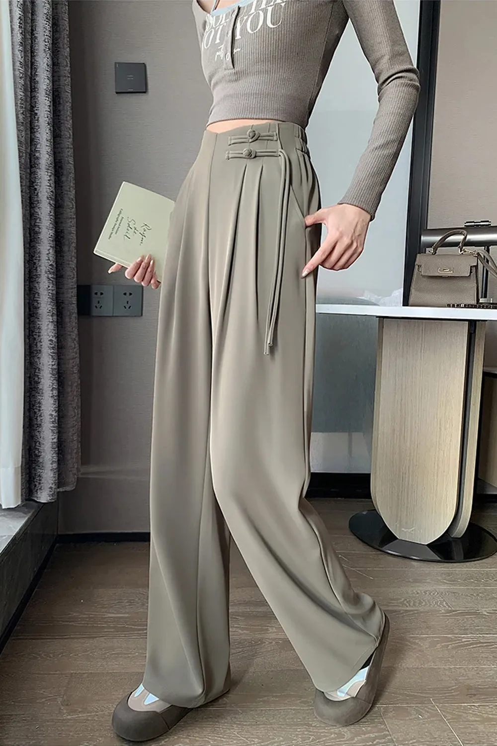 High Waist Loose Drawstring Office Long Pants