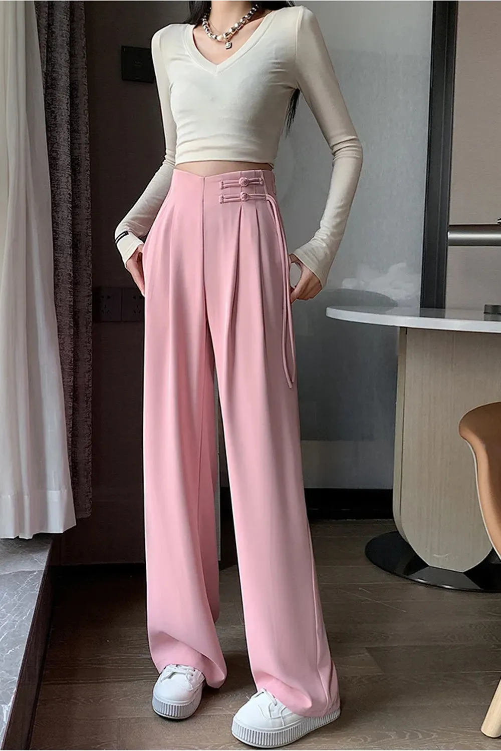 High Waist Loose Drawstring Office Long Pants