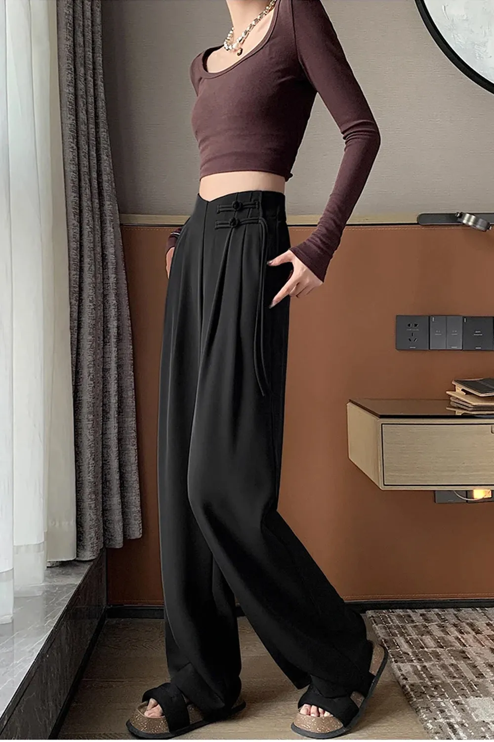 High Waist Loose Drawstring Office Long Pants