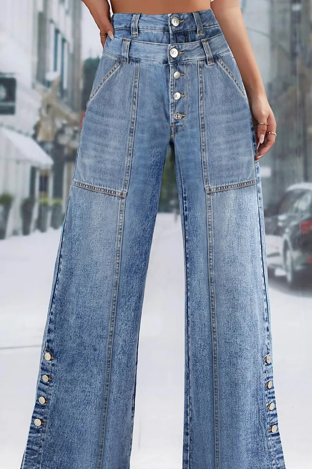 High Waist Loose Extend Button Jeans Pants