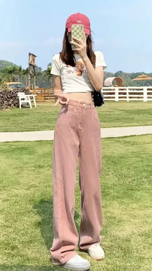 High Waist Pink Colors Long Jeans Pants