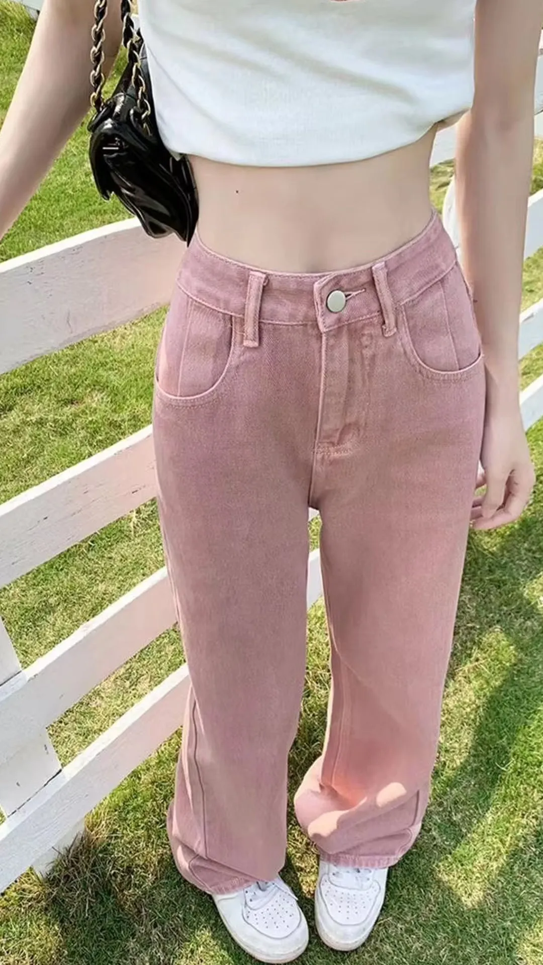 High Waist Pink Colors Long Jeans Pants