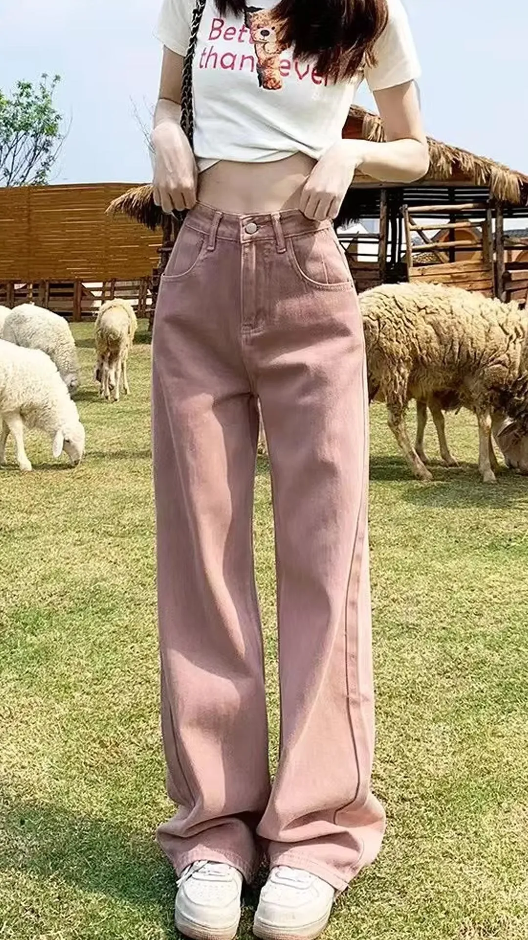 High Waist Pink Colors Long Jeans Pants