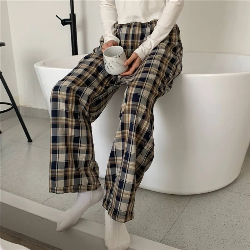 High Waist Plaid Colors Loose Pants