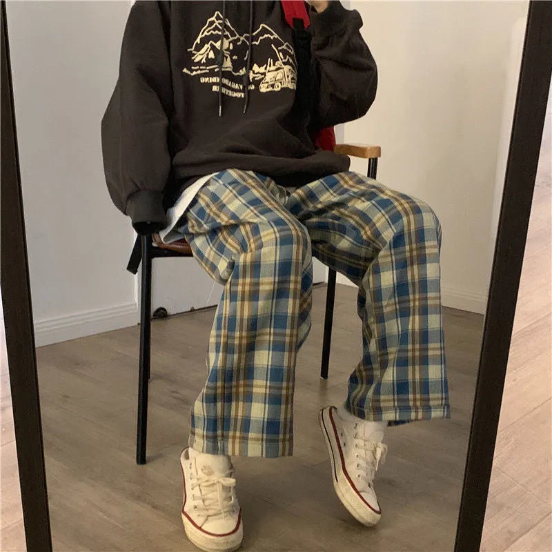 High Waist Plaid Colors Loose Pants