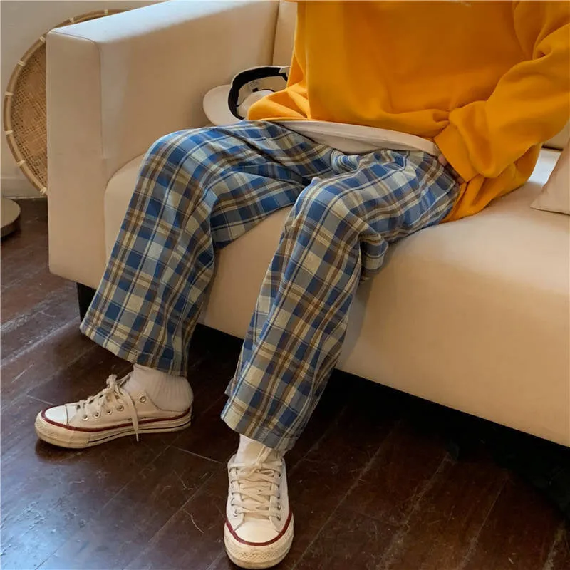 High Waist Plaid Colors Loose Pants