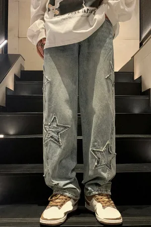 High Waist Stars Embroidered Loose Jeans Pants