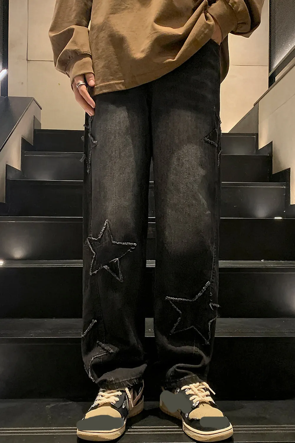 High Waist Stars Embroidered Loose Jeans Pants