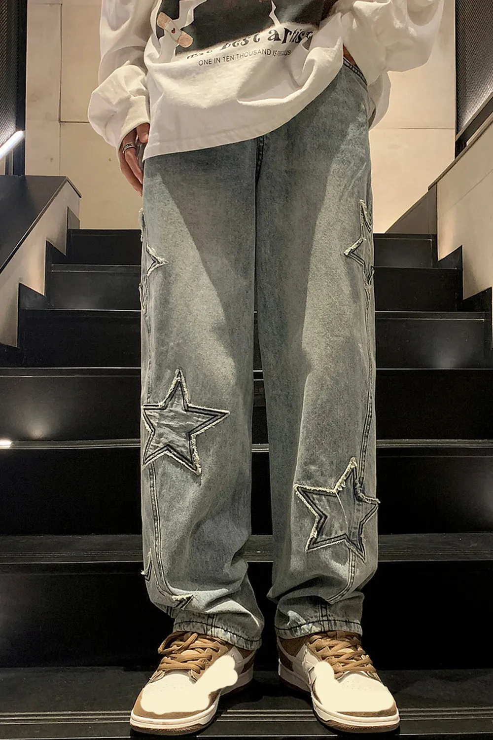 High Waist Stars Embroidered Loose Jeans Pants
