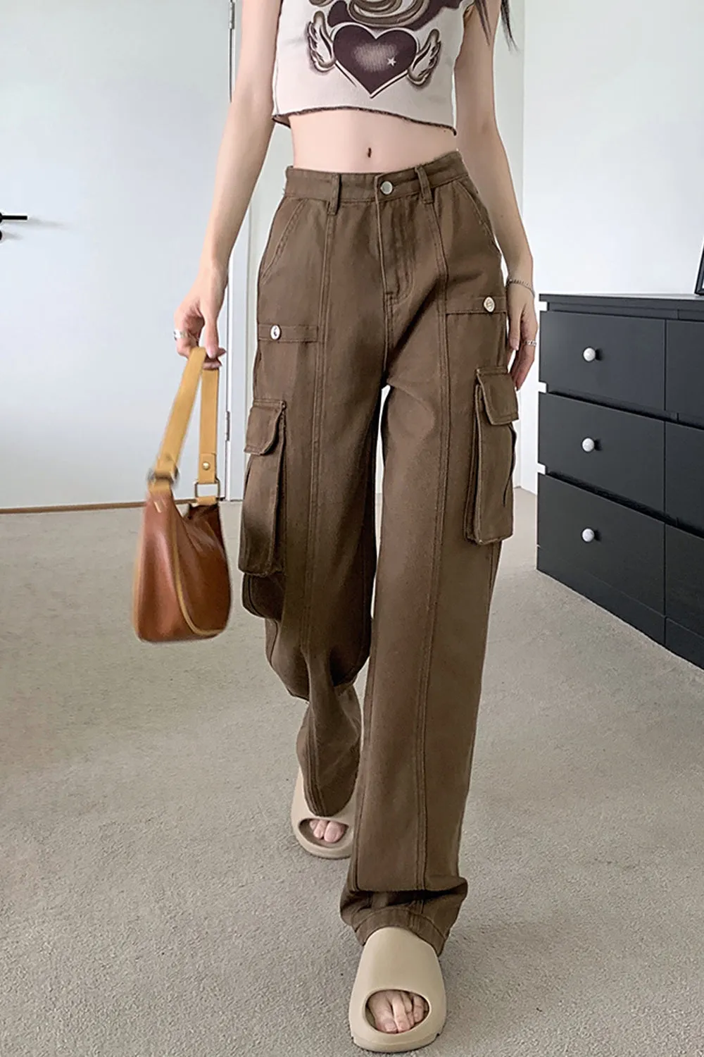 High Waist Vintage Cargo Pockets Pants
