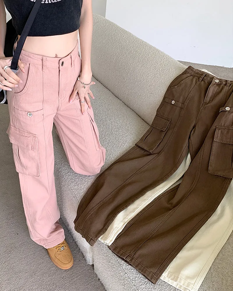 High Waist Vintage Cargo Pockets Pants