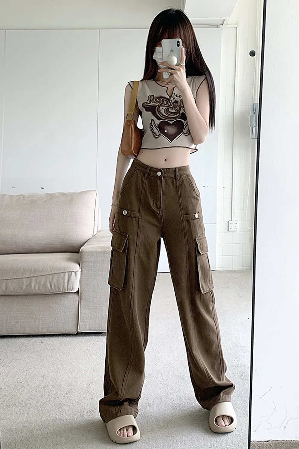 High Waist Vintage Cargo Pockets Pants