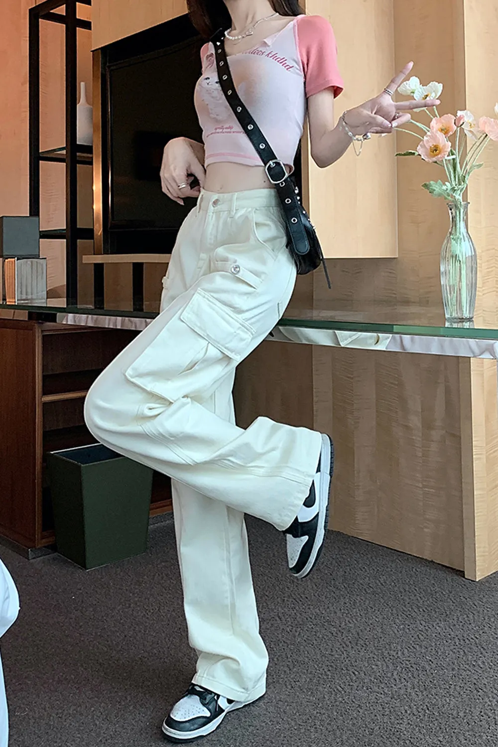 High Waist Vintage Cargo Pockets Pants
