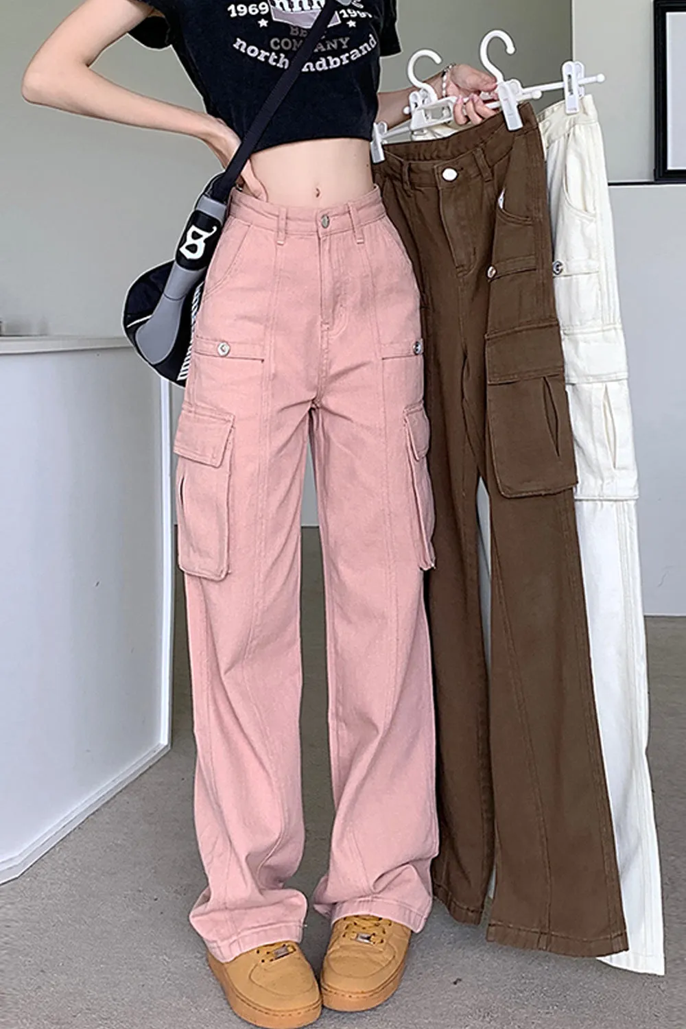 High Waist Vintage Cargo Pockets Pants
