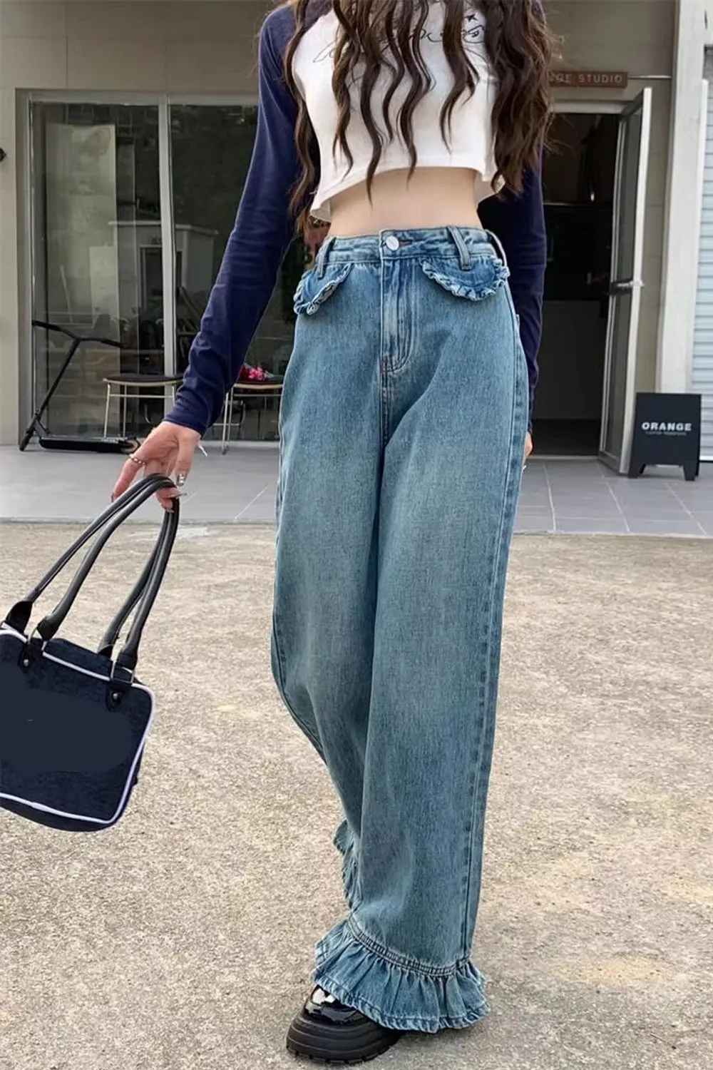 High Waist Vintage Ruffled Style Loose Jeans Pants