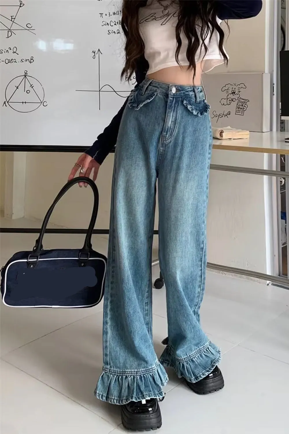 High Waist Vintage Ruffled Style Loose Jeans Pants