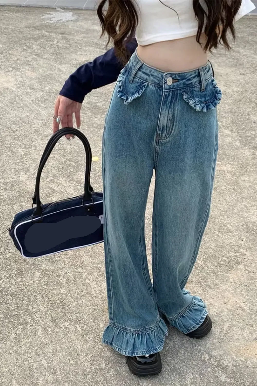 High Waist Vintage Ruffled Style Loose Jeans Pants