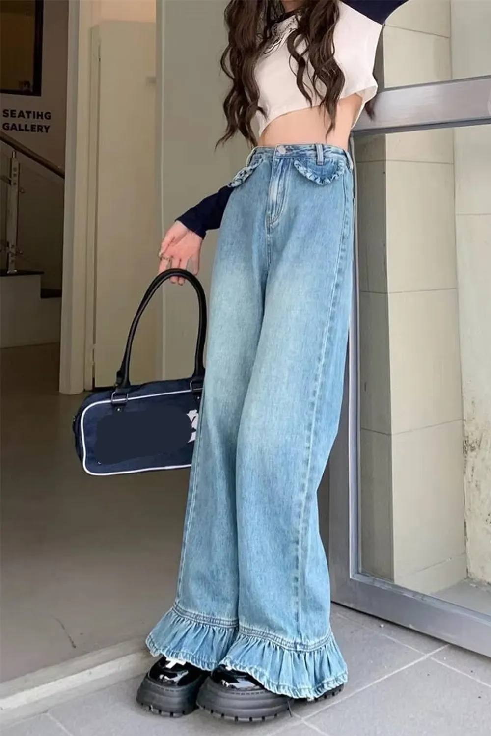 High Waist Vintage Ruffled Style Loose Jeans Pants