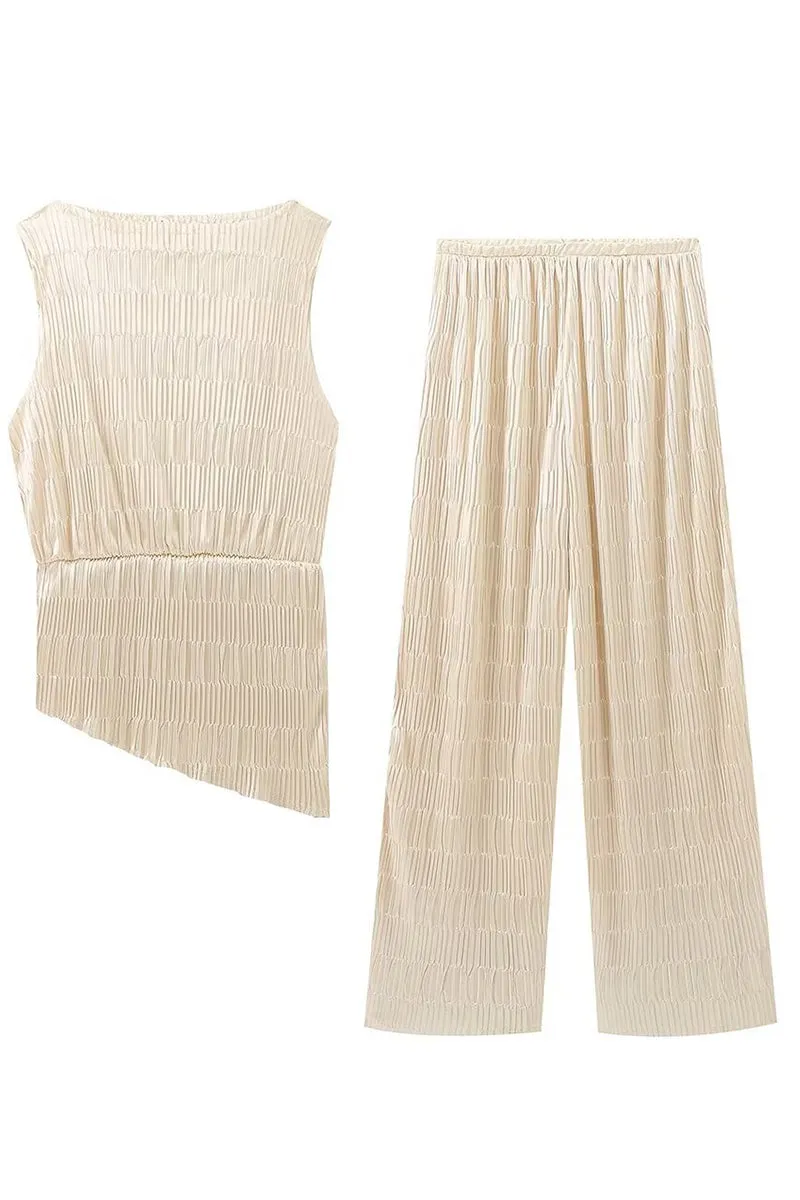 HUO2173 Silk Sleeveless Top & Pants Set