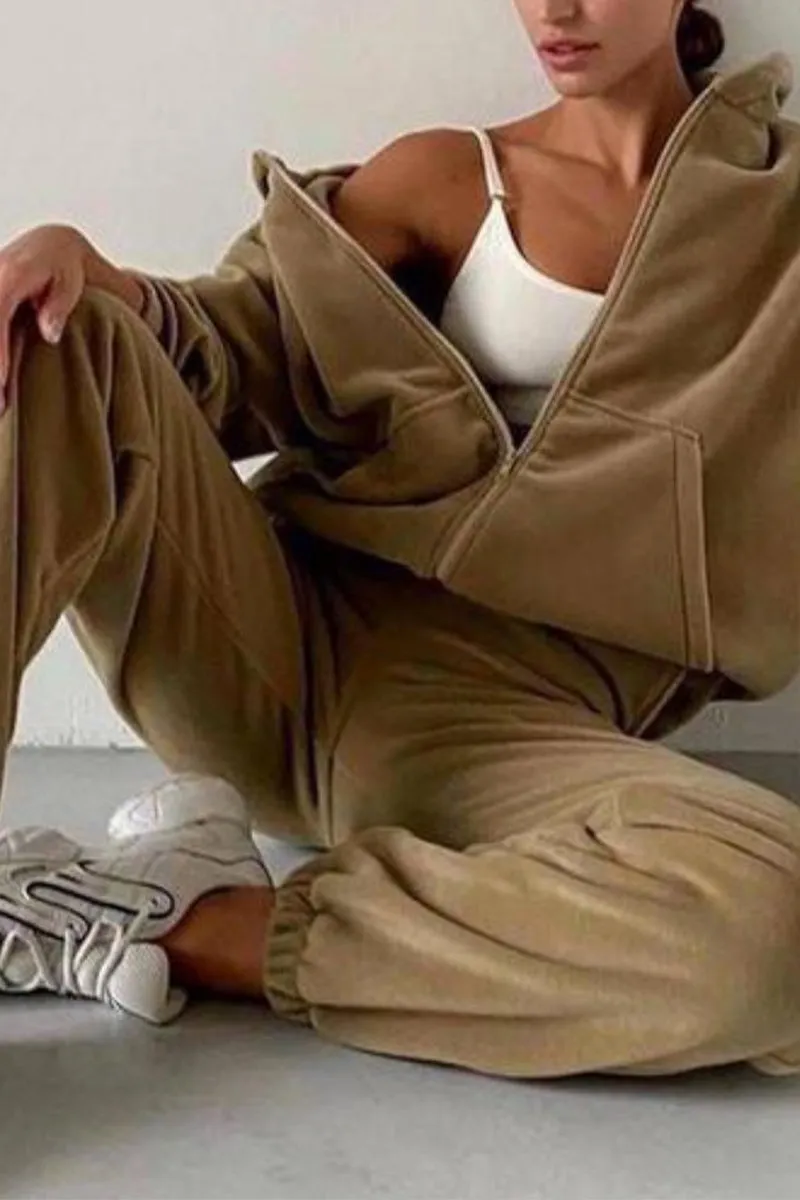 HUS1215 Casual Zip-Up Tracksuit Set