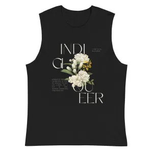 Indigiqueer Pride Vintage Flower Design on front of Black Relaxed Fit Sleeveless Tank Top