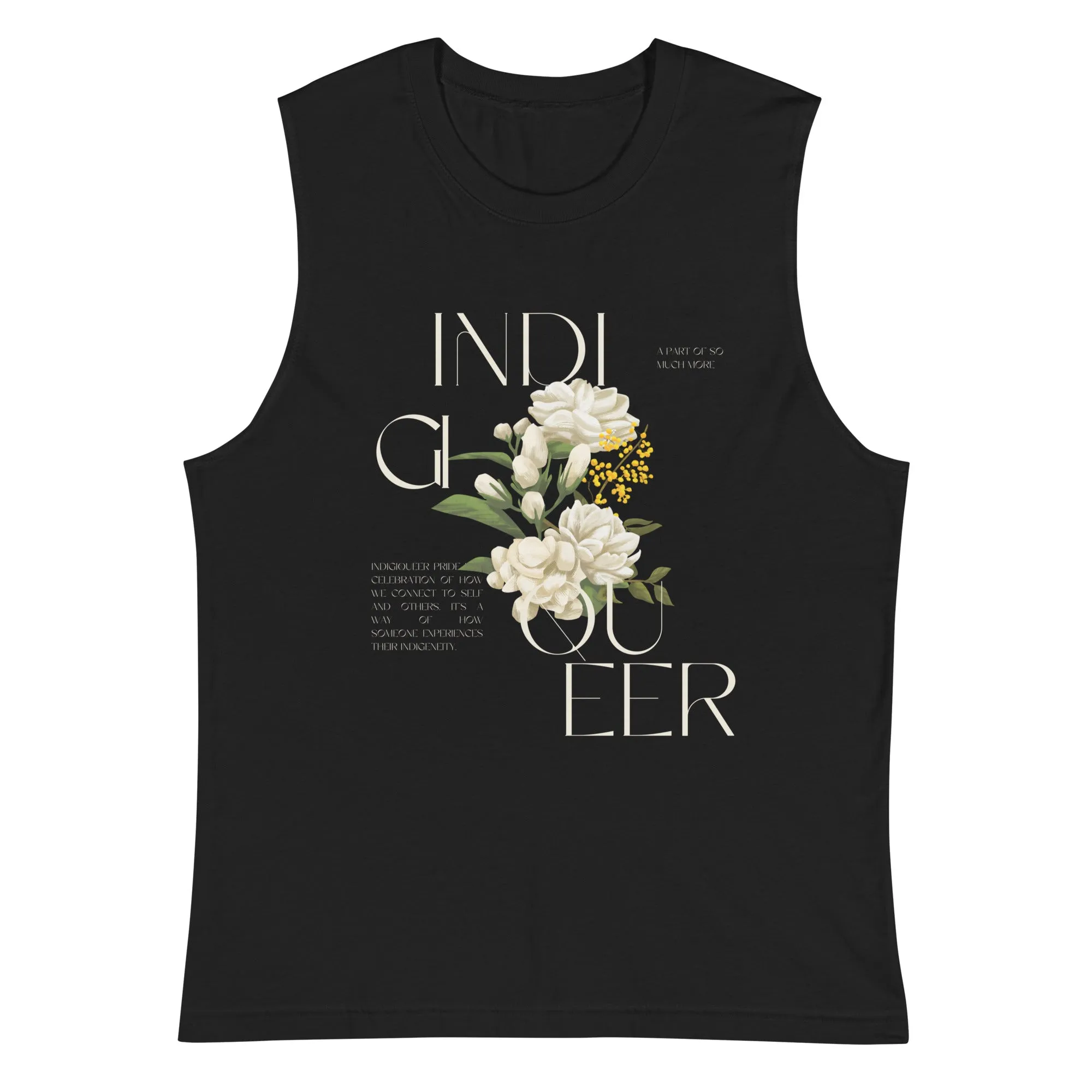 Indigiqueer Pride Vintage Flower Design on front of Black Relaxed Fit Sleeveless Tank Top