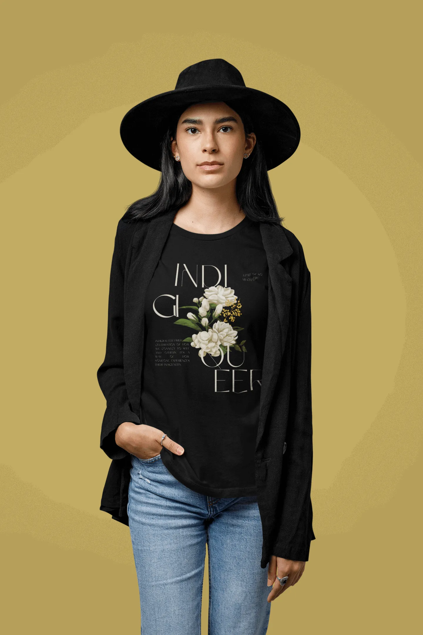Indigiqueer Pride Vintage Flower Design on front of Black Relaxed Fit Sleeveless Tank Top