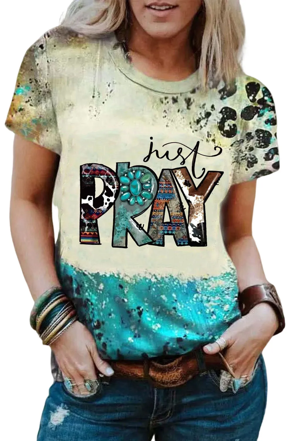 just PRAY Western Fashion Mix Print T Shirt