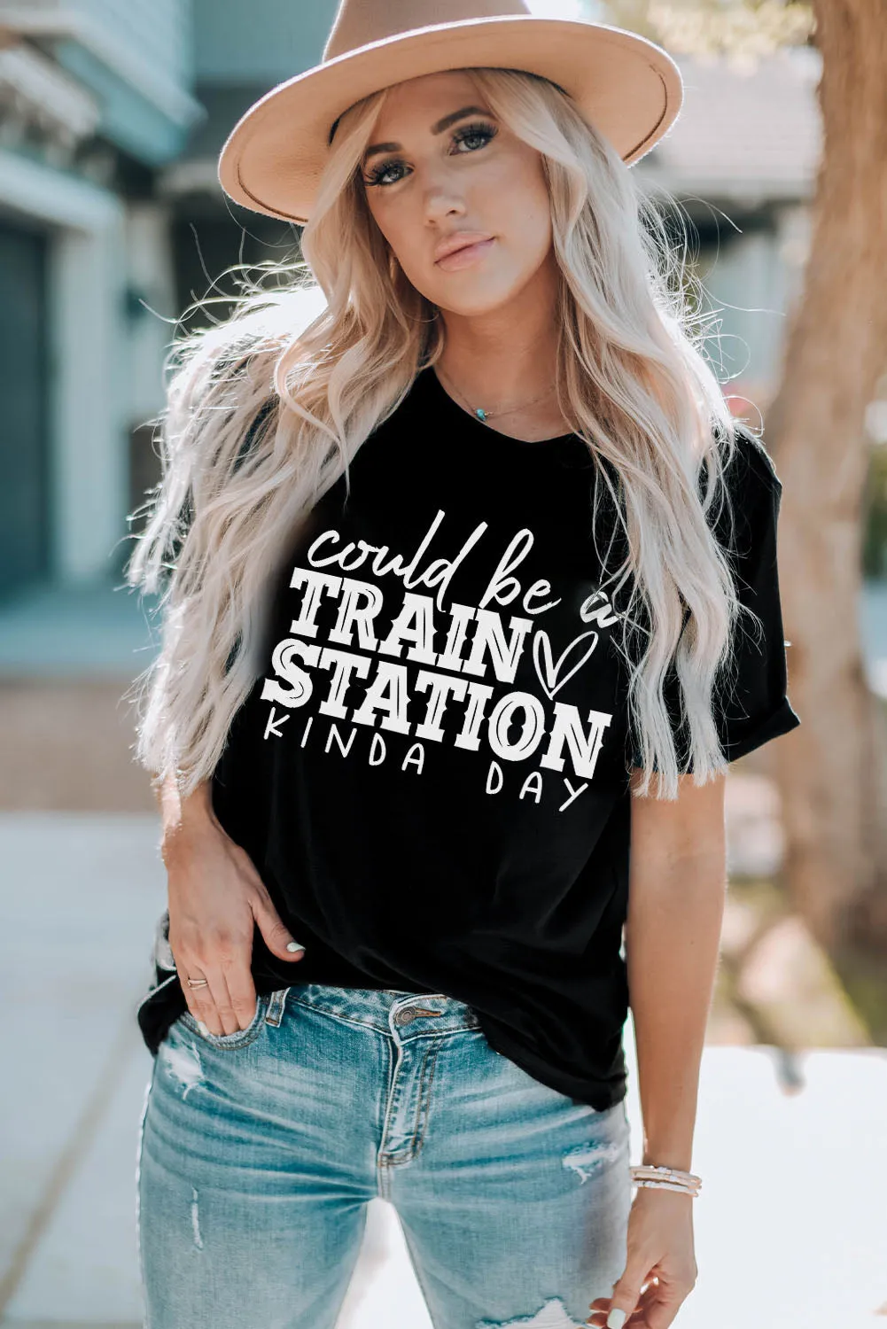 Khaki MOMLIFE Slogan Graphic Print Crew Neck T Shirt