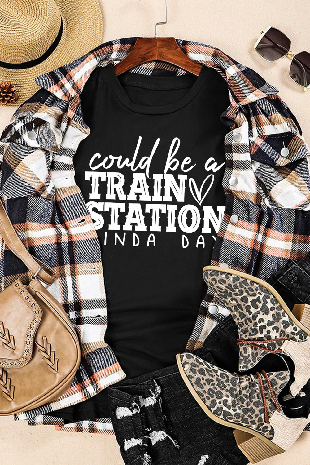 Khaki MOMLIFE Slogan Graphic Print Crew Neck T Shirt