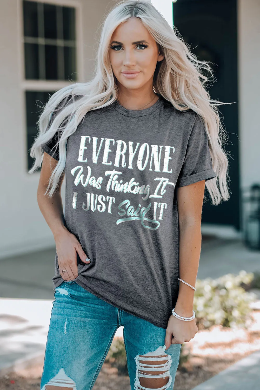Khaki MOMLIFE Slogan Graphic Print Crew Neck T Shirt