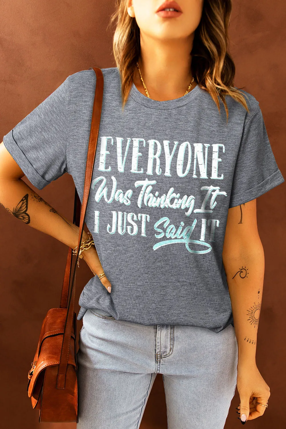 Khaki MOMLIFE Slogan Graphic Print Crew Neck T Shirt