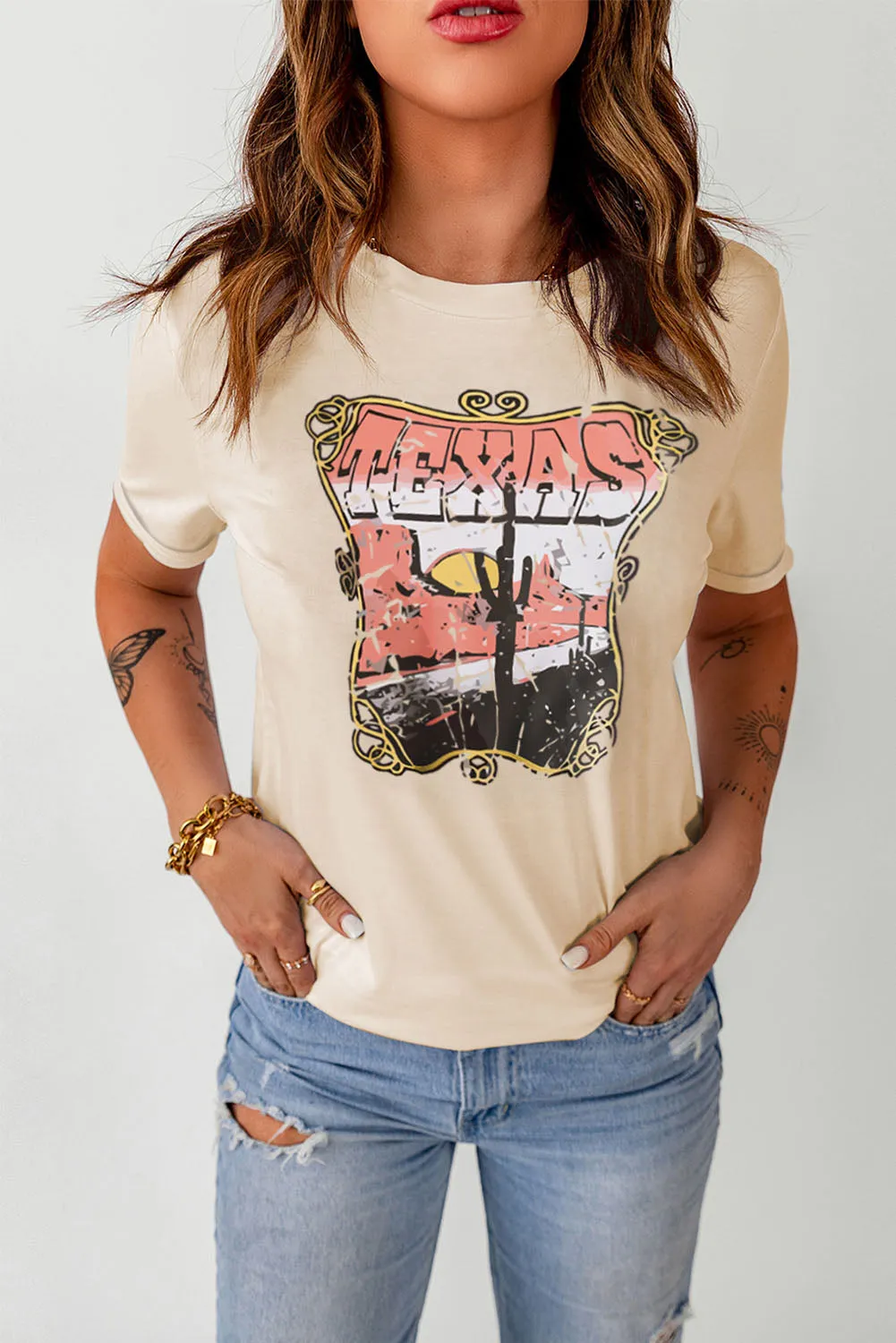 Khaki MOMLIFE Slogan Graphic Print Crew Neck T Shirt