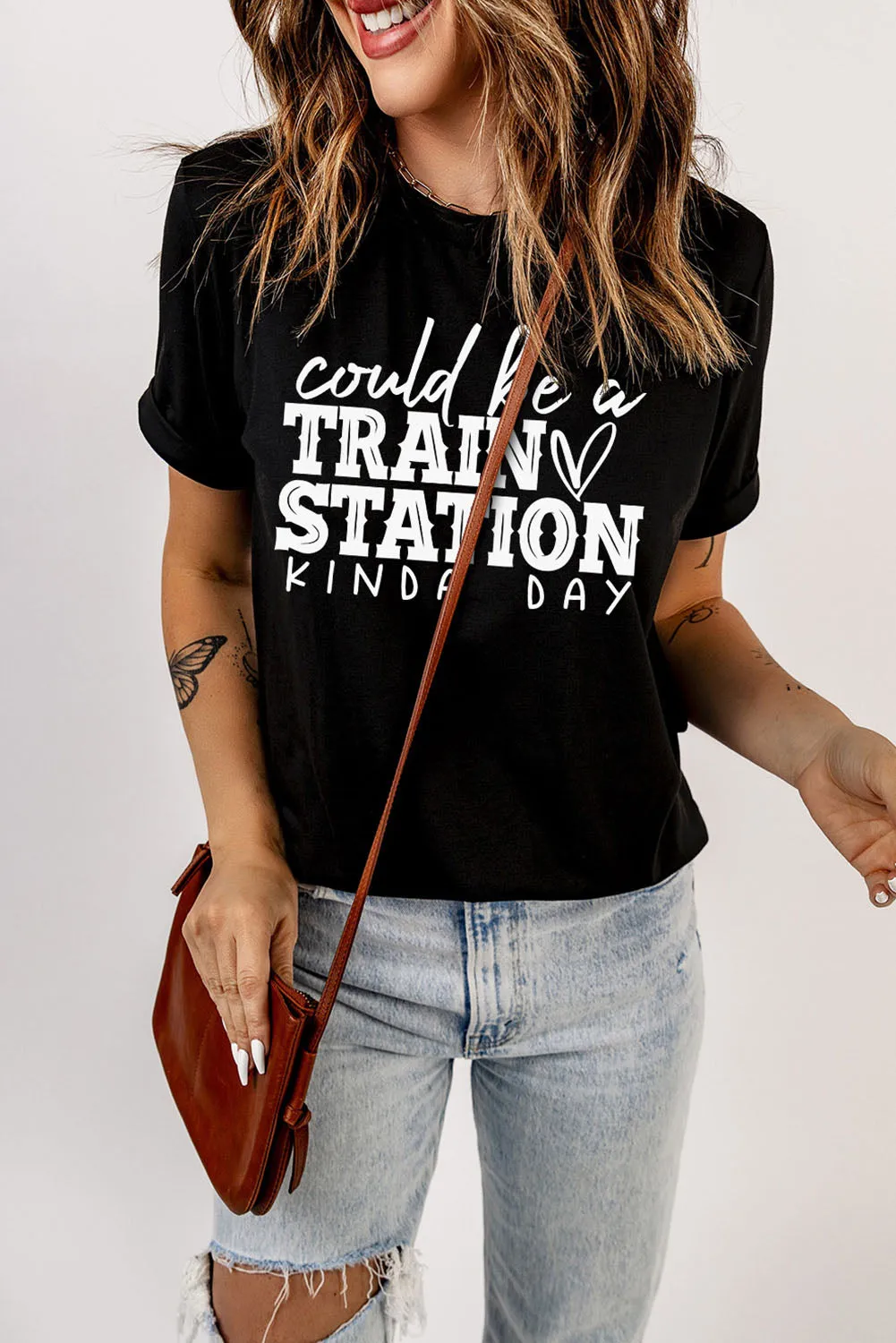 Khaki MOMLIFE Slogan Graphic Print Crew Neck T Shirt