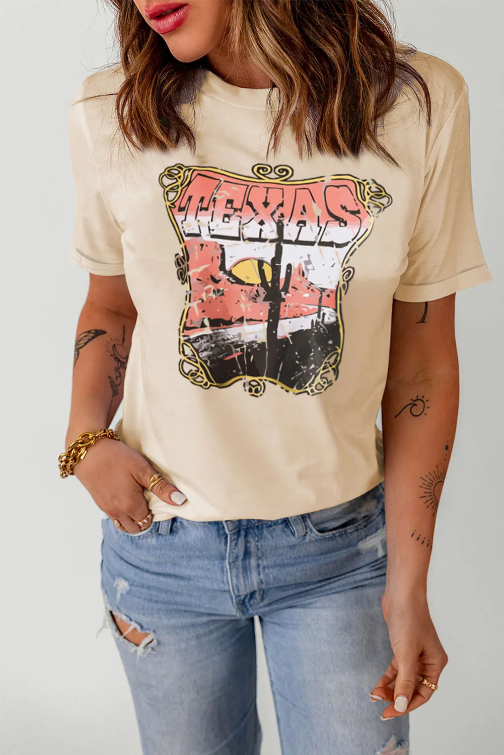 Khaki MOMLIFE Slogan Graphic Print Crew Neck T Shirt