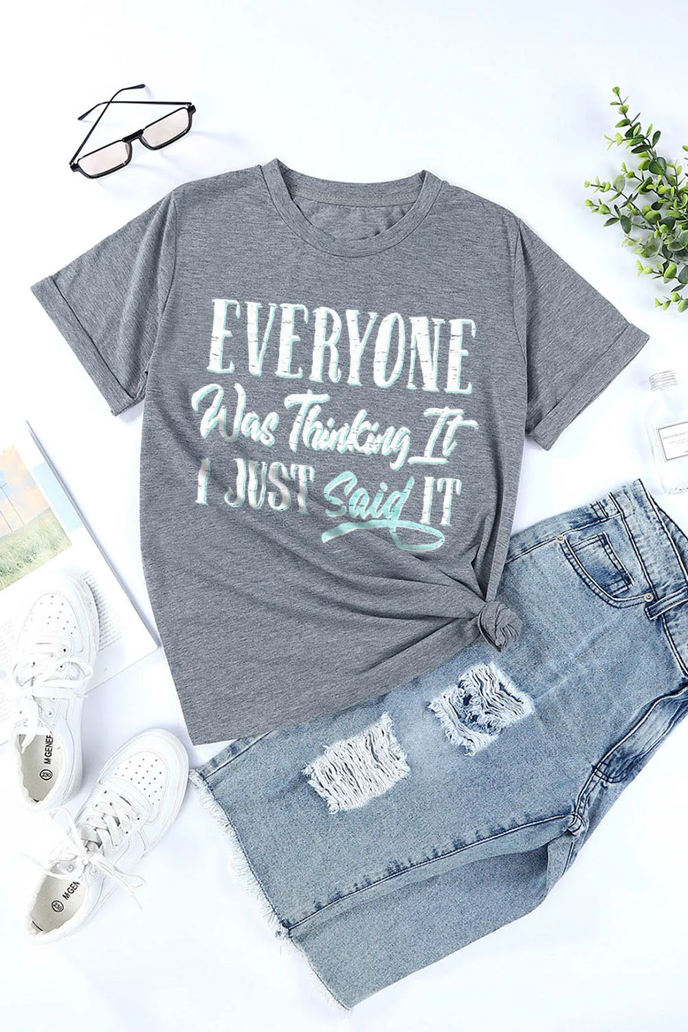 Khaki MOMLIFE Slogan Graphic Print Crew Neck T Shirt