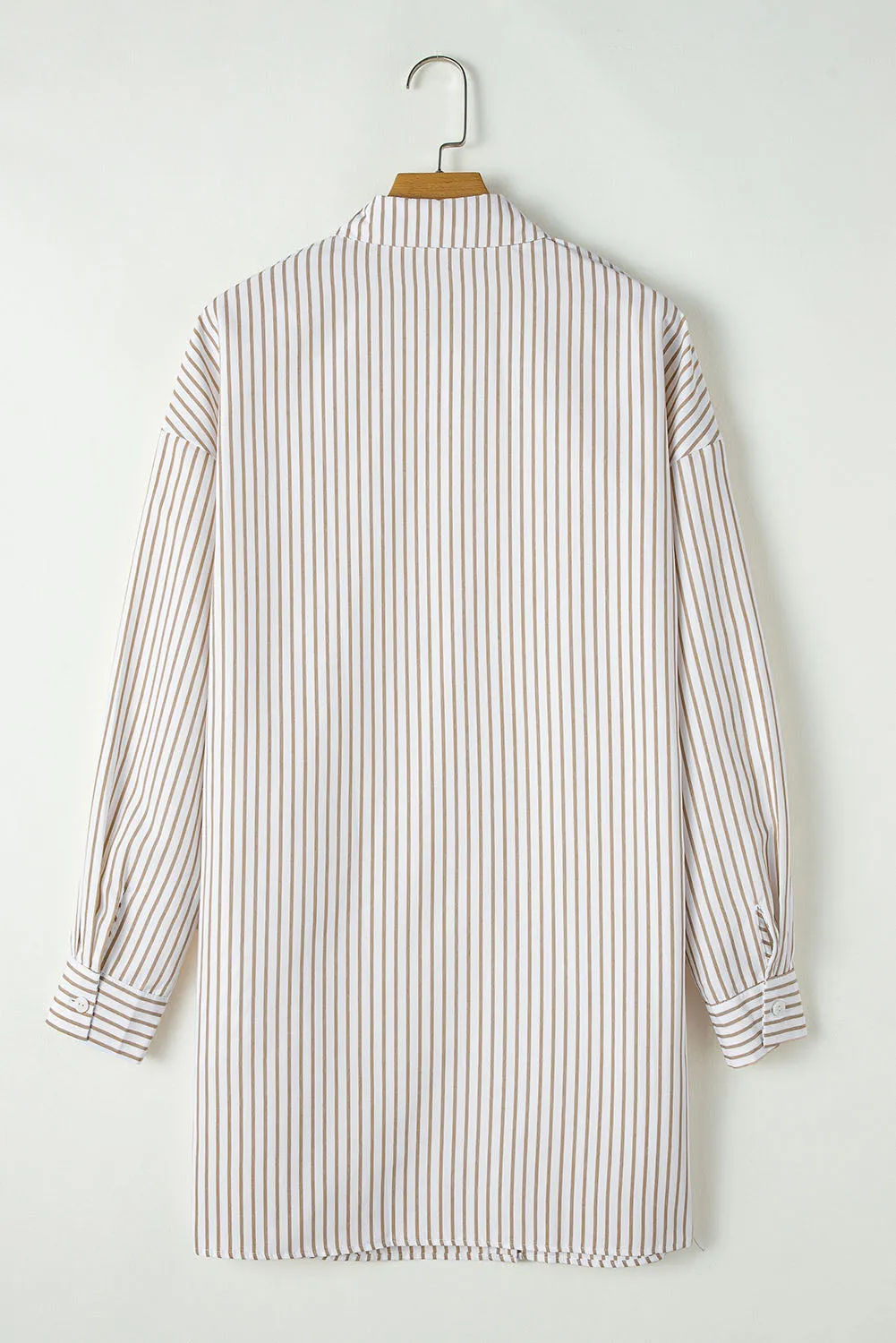 Khaki Stripe Long Sleeve Button Up Mini Shirt Dress