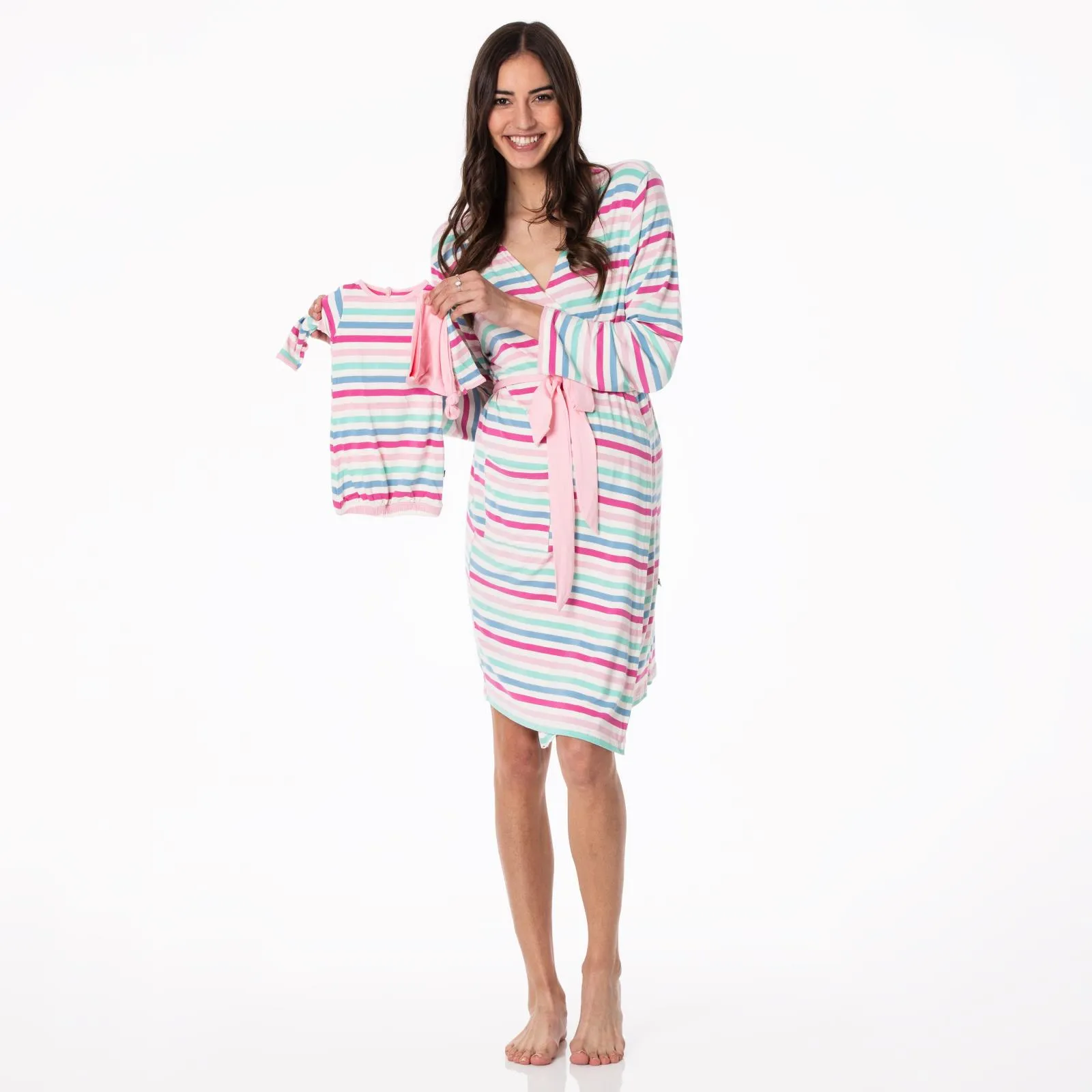 Kickee Pants Skip To My Lou Stripe Print Women's Mid Length Lounge Robe & Layette Gown Set