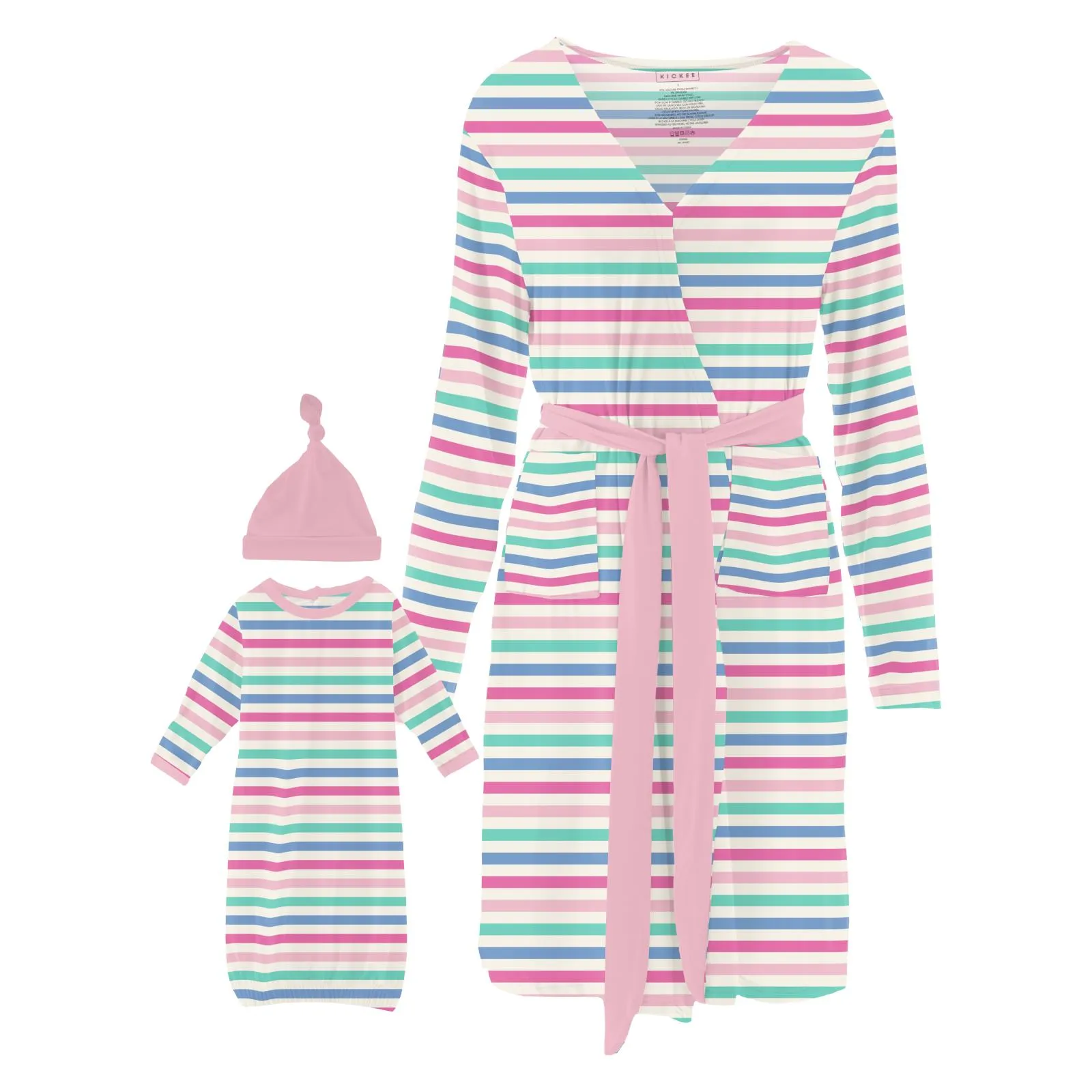 Kickee Pants Skip To My Lou Stripe Print Women's Mid Length Lounge Robe & Layette Gown Set