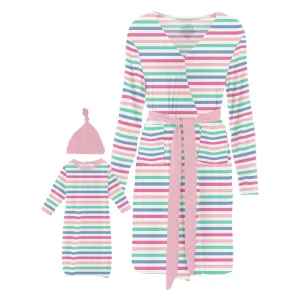 Kickee Pants Skip To My Lou Stripe Print Women's Mid Length Lounge Robe & Layette Gown Set