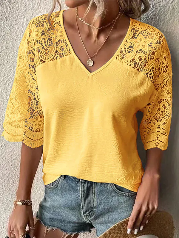 Lace-Combo V-Neck Tee