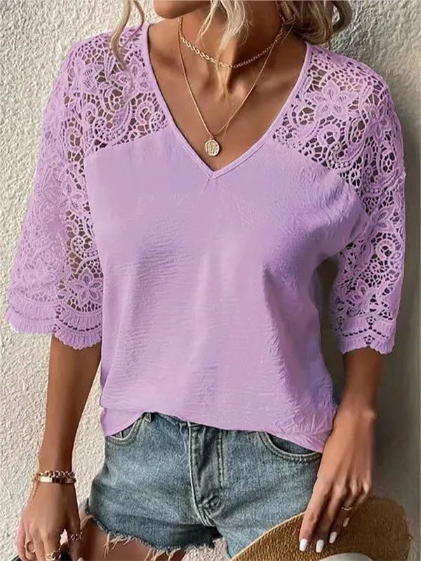 Lace-Combo V-Neck Tee