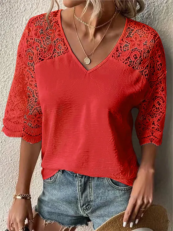 Lace-Combo V-Neck Tee
