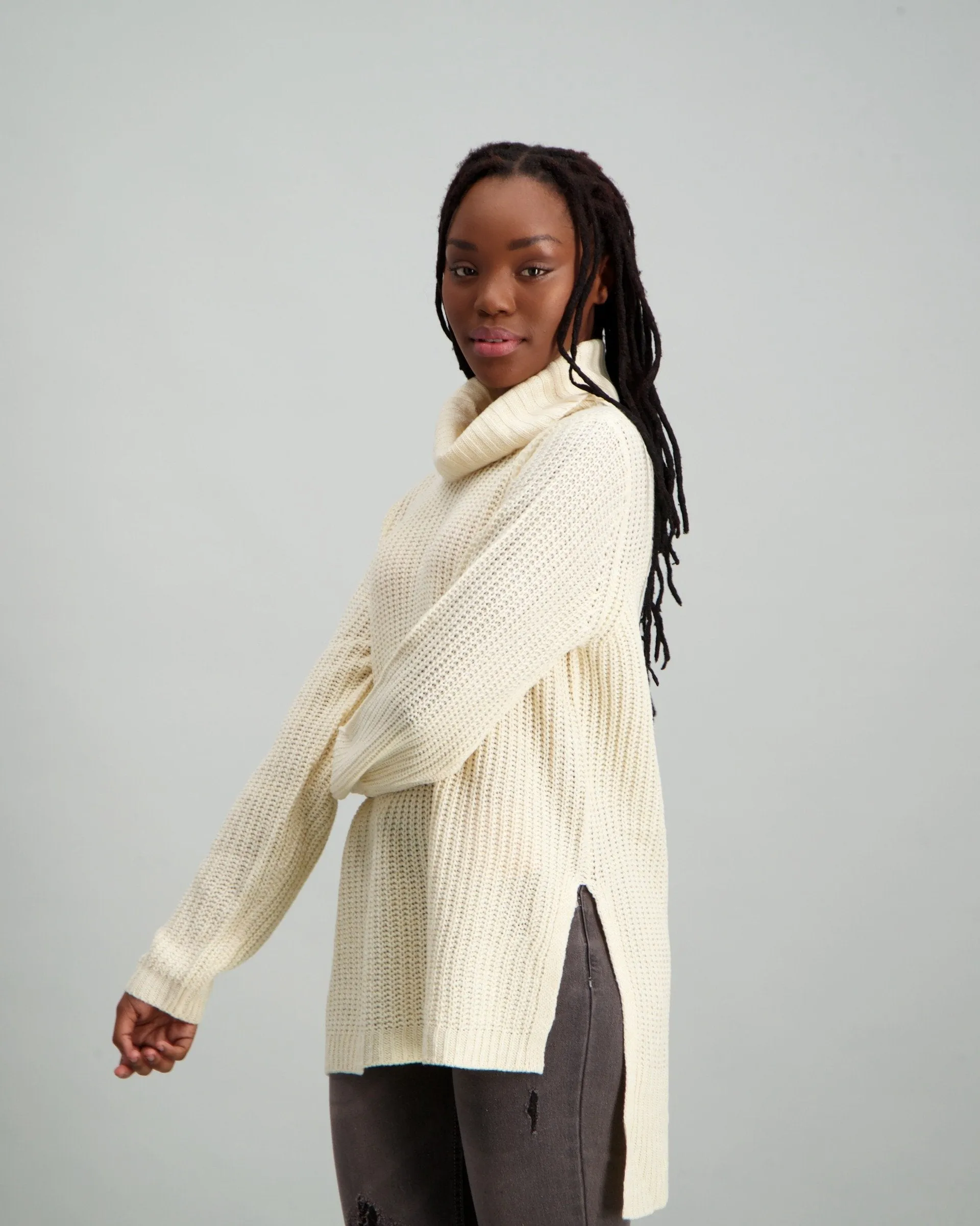 Ladies Cowl Neck Slit Tunic - Oatmeal